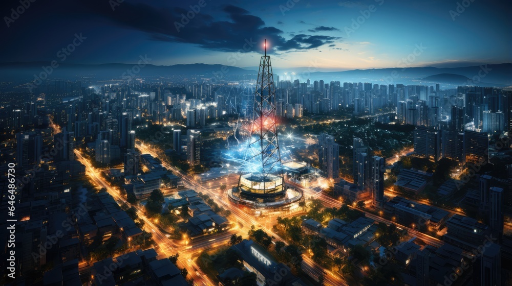 Fototapeta premium wireless and connection technology with skyscraper city background