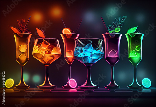 Different types of cocktails stand in a row on the bar counter. Neon illumination of glass goblets. AI generative.