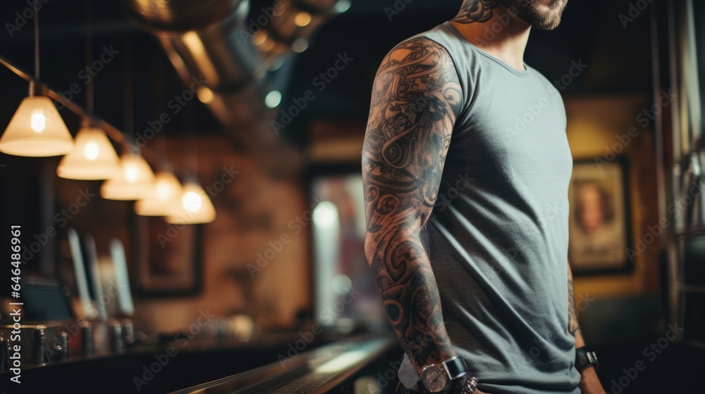 Tattooed arms of a muscular man. Blurred tattoo parlor on background.