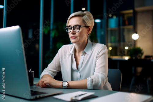 woman in the office late at night in front of the computer