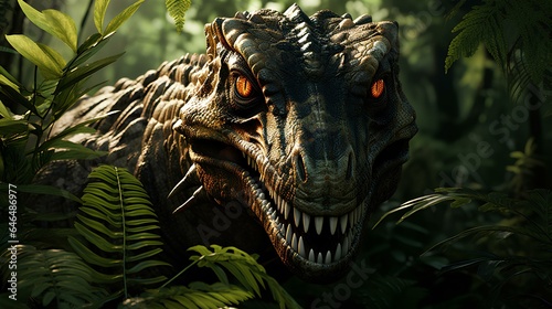 Dinosaur with yellow eyes stalking prey in prehistoric jungle. Generative AI.