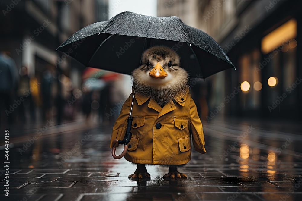 cute duckling with yellow rain coat and umbrella in a wet street - prepared for rainy weather - duck adventure - generative ai - obrazy, fototapety, plakaty 