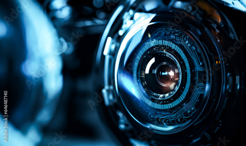 Technologies of the future. Blue camera eye with blurred background. Film projector lens