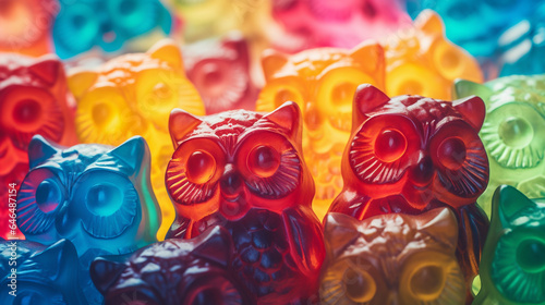 Bright and playful candy background, closeup of colorful gummy jelly owls