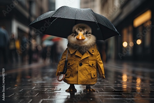 cute duckling with yellow rain coat and umbrella in a wet street - prepared for rainy weather - duck adventure - generative ai photo