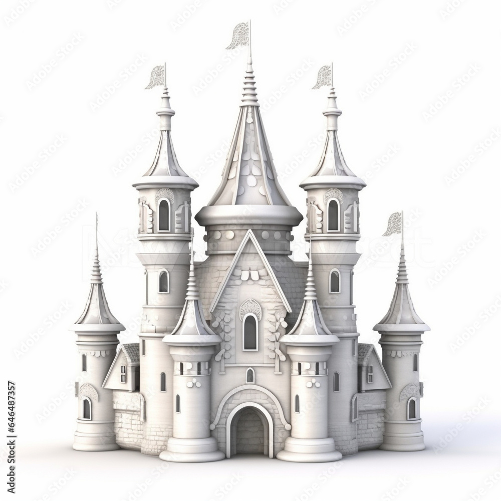 Fairy tale toy castle, fortress, isolated on white background, AI generated.