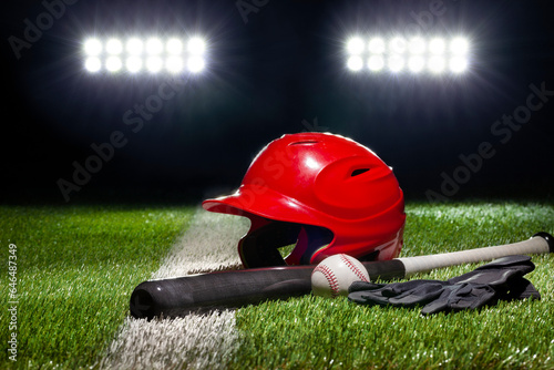 Red batting helmet bat baseball and gloves on grass field with stripe under stadium lights