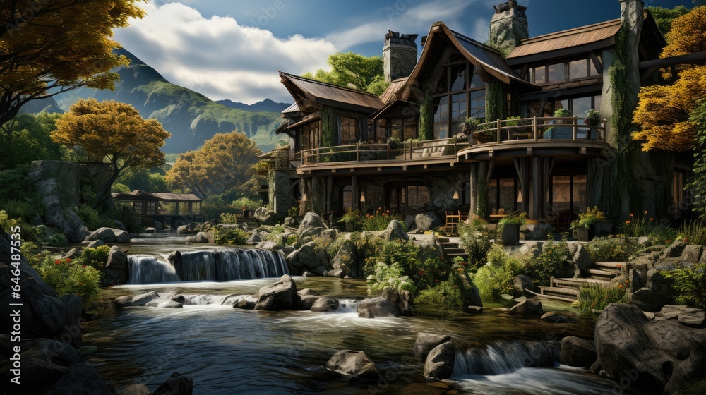 Fototapeta premium wooden villa in countryside waterfall background