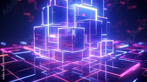 Abstract geometric shapes with neon lights, purple, and blue colors in three dimensions
