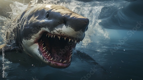 Giant angry white shark with open jaw stalking prey in deep ocean. Generative AI.
