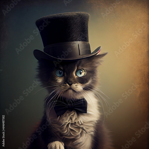 Cheerful illustration, the cat wears a top hat. AI generated.