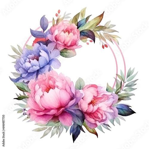 Watercolor bouquet round floral wedding frame on transparent background. Generative AI © yusufadi