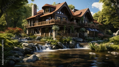 wooden villa in countryside waterfall background © gufron