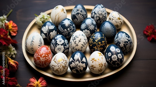 decorating handmade eggs for Easter in a plate with an ornament on the table. rustic style