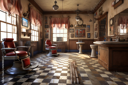 Men's barbershop, interior. Antique stylized. Old fashioned. Generative AI.