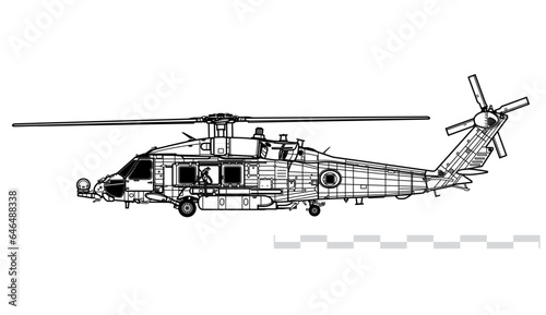 Sikorsky HH-60H Rescue Hawk. Vector drawing of search and rescue helicopter. Side view. Image for illustration and infographics.