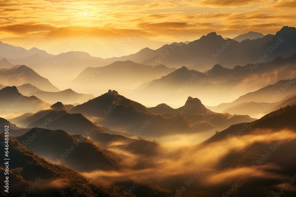 Scenic view of mountains in sunrise with warm natural light. Generative AI