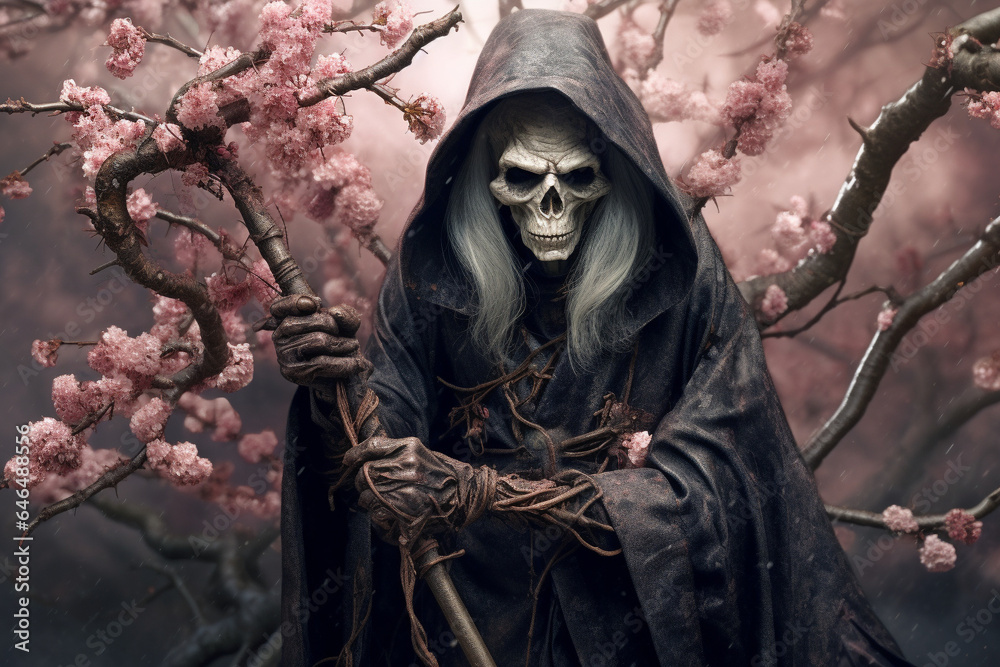 A scary witch among the flowers of blooming sakura. Abstract AI generated illustration. A scary witch among the flowers of blooming sakura. Abstract AI generated illustration.