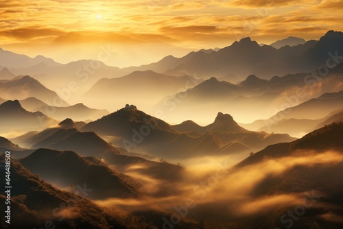 Scenic view of mountains in sunrise with warm natural light. Generative AI