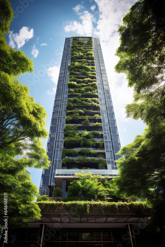 Generative AI illustration of modern sustainable and ecological building with vertical garden