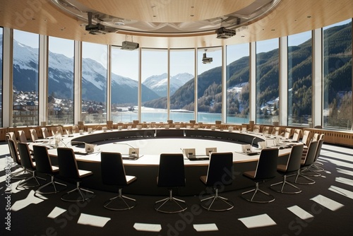 The conference venue in Davos, the highest European city in the Swiss Alps. Generative AI photo