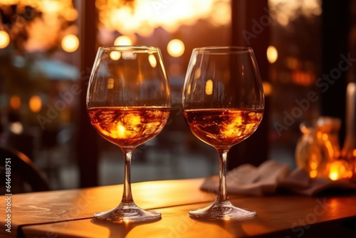 Two glasses of rose wine on wooden table in restaurant at sunset.