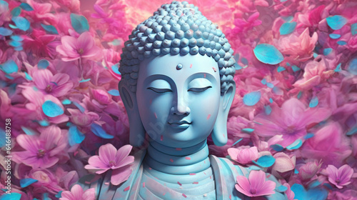 Buddha statue surrounded by pink flowers. 