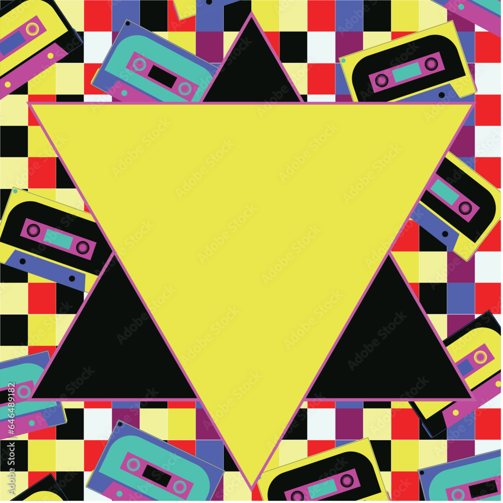 Obraz premium Nostalgic Yellow Checkered Cassette Retro 90s Banner with space for text. Yellow and black background illustration with geometric frame. 