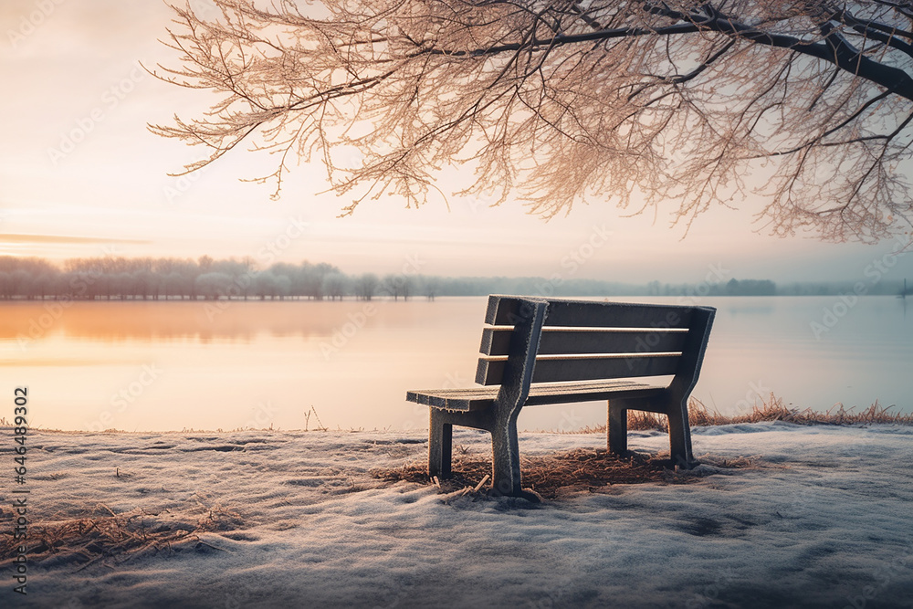 A bench by a lake in winter