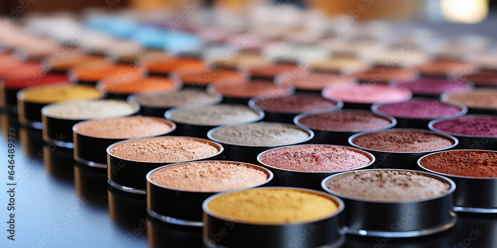 Viele bunte kosmetische Lidschatten in Querformat als Banner, ai generativ