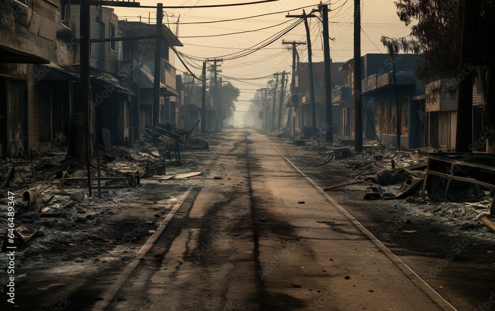 Naklejka premium A burned city street with no life. AI, Generative AI