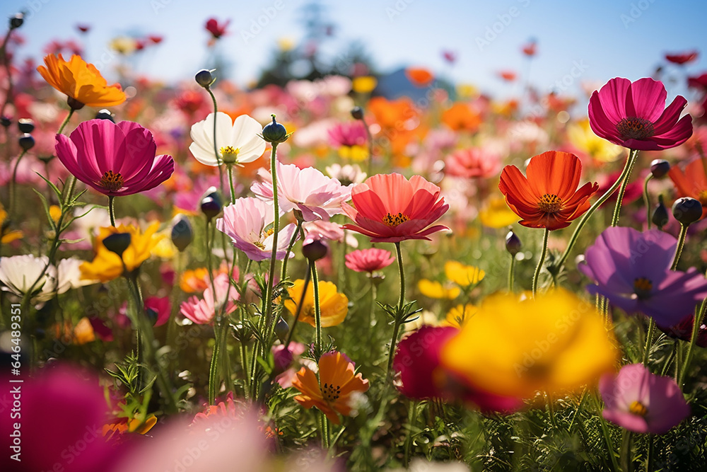 Lots of flowers of various vibrant colors on a meadow