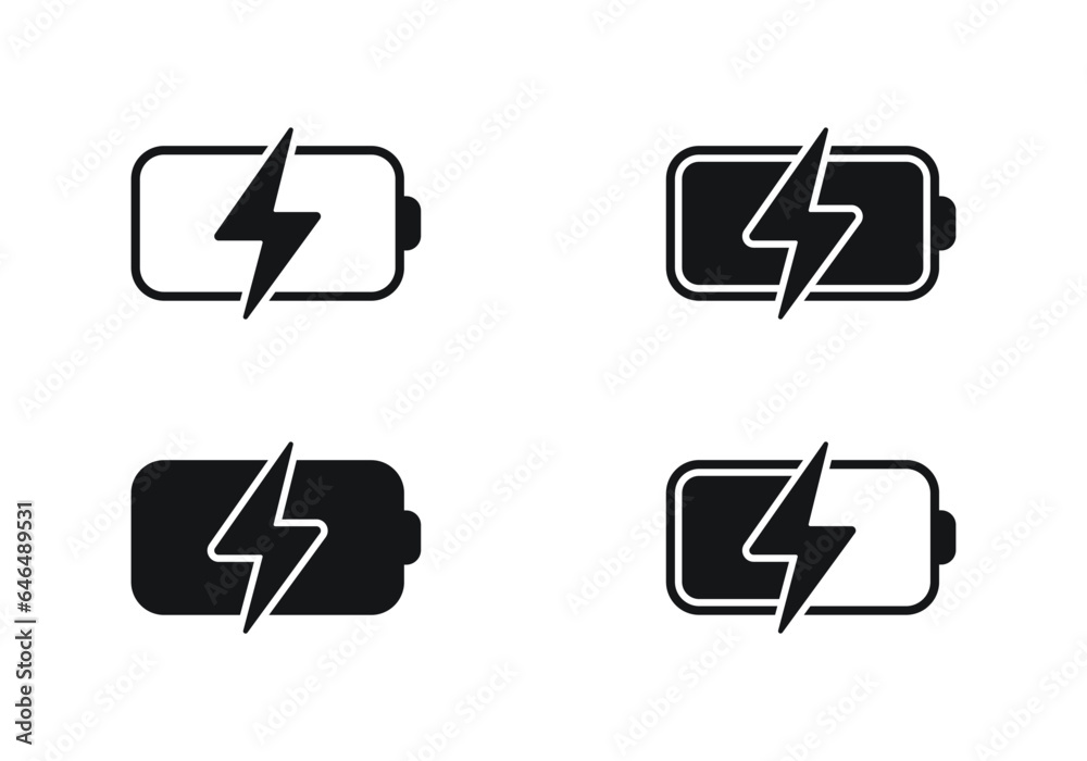 Black battery charging vector icon set. Phone battery with lightning icon. Charging phone, laptop icon. Black battery charging vector icon set. Phone battery with lightning icon. Charging phone, laptop icon.