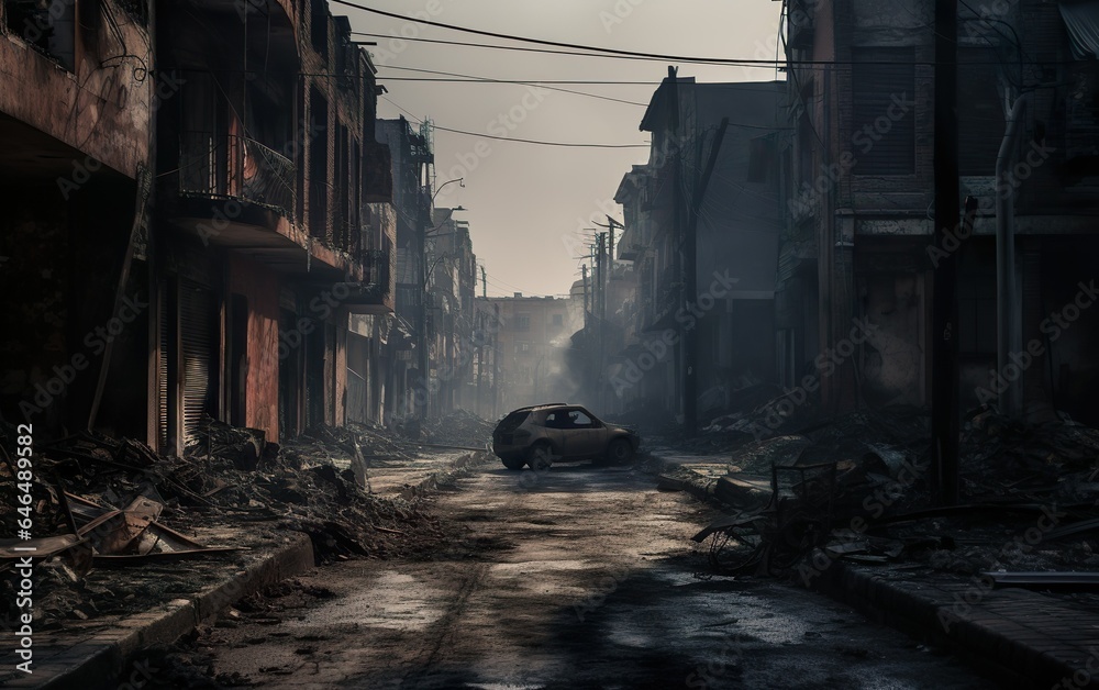 A burned city street with no life. AI, Generative AI