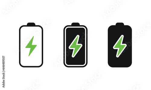 Minimalistic battery charging vector icon set. Phone battery with lightning icon. Charging phone, laptop icon.