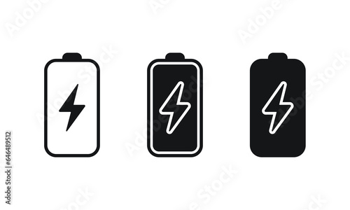 Black battery charging vector icon set. Phone battery with lightning icon. Charging phone, laptop icon.