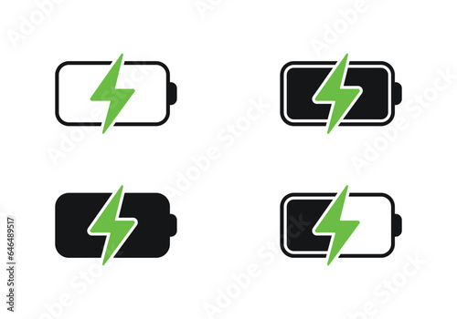Minimalistic battery charging vector icon set. Phone battery with lightning icon. Charging phone, laptop icon.
