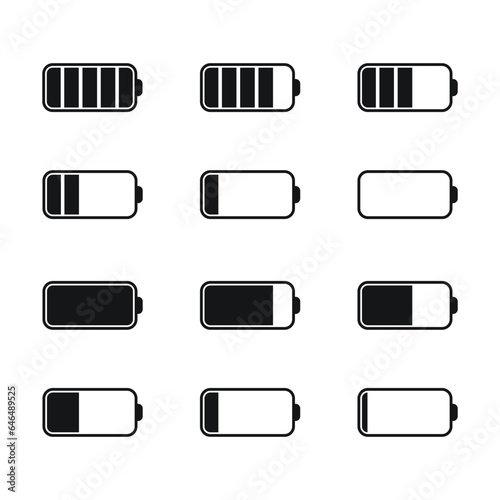 Minimalistic charging battery status vector icon set. Battery level icons.