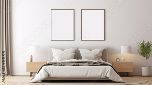 interior design, bedroom with white bed, frames mockup © GS65