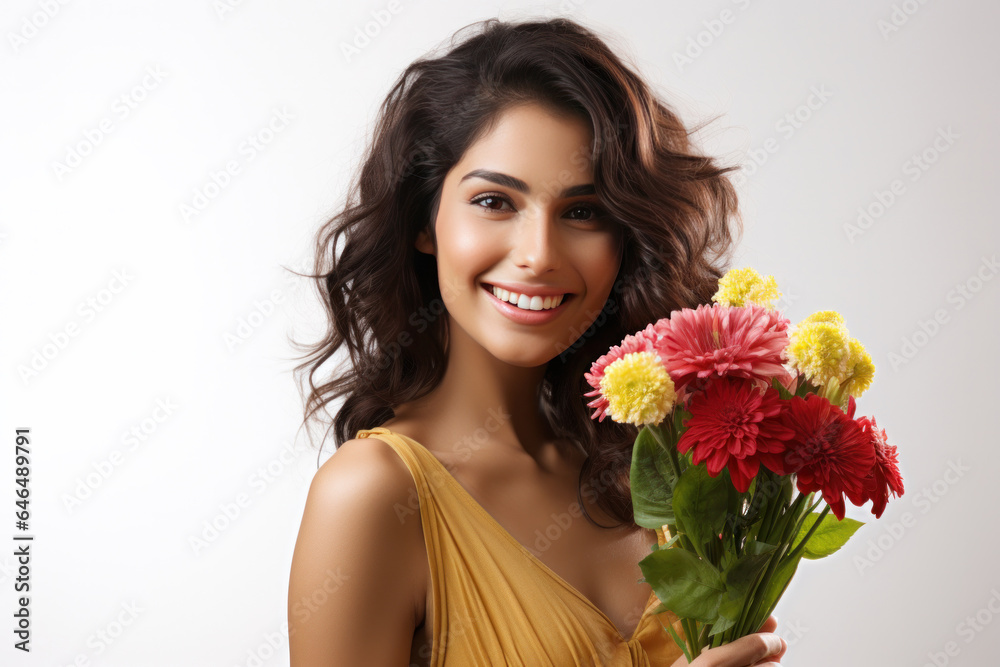 Indian Pretty young woman holding flower bouquet wil happy expressions