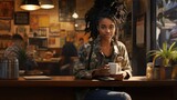 Black attractive woman in a cozy city coffee shop. Beautiful female student