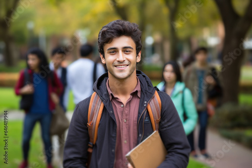 Indian male college student in campus with books and bag