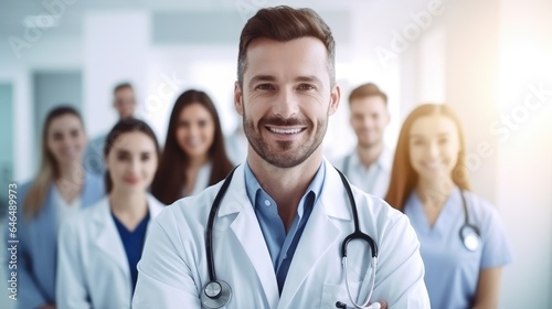 caucasian doctor man with blured team nurses and assistants  health and professional care  Generative AI