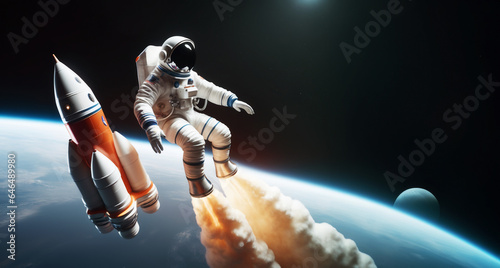 immagine primo piano di astronautia nella tuta spaziale che vola nello spazio, spazio scuro e pianeti sullo sfondo photo