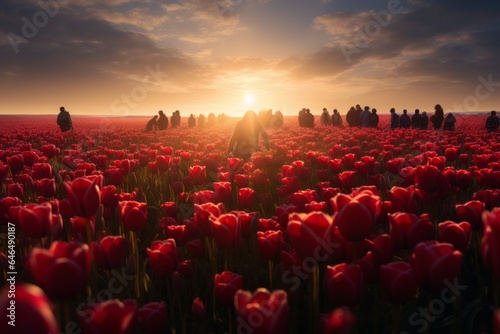 Amidst vast fields of vibrant tulips in full spring bloom, a teeming crowd of tourists immerses themselves, capturing a colorful confluence of nature's splendor and human admiration.