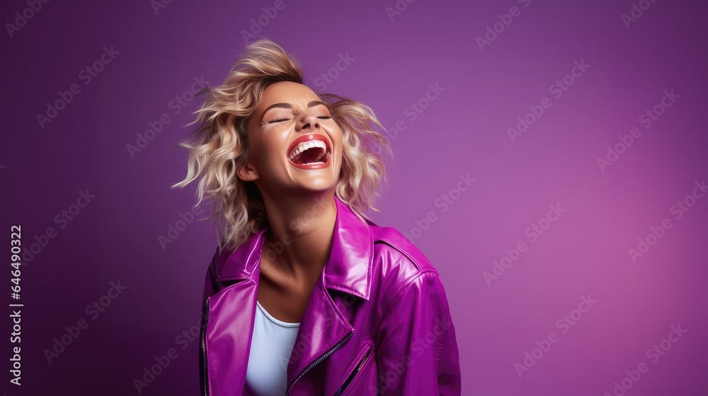 Blond young happy and funny woman laughing wearing 80s fashion in Stylish woman posing as supermodel on violet studio background, Generative AI Blond young happy and funny woman laughing wearing 80s fashion in Stylish woman posing as supermodel on violet studio background, Generative AI