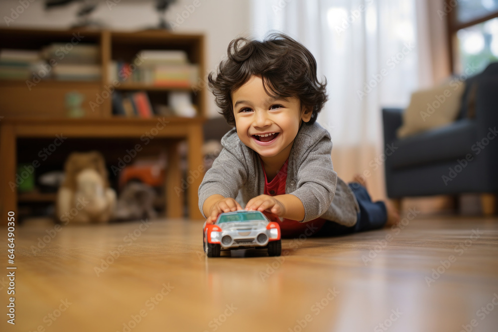 Indian small kid playing with toy car at home, happy expressions - obrazy, fototapety, plakaty 
