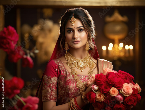 Indian pretty bride holding flower bouquet or bunch, wears red saree and jewellery