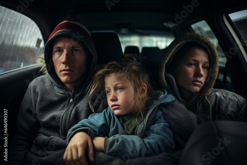 A family nestled inside their car reflects the weariness of a lengthy journey, capturing a poignant moment of shared exhaustion amidst the backdrop of travel.