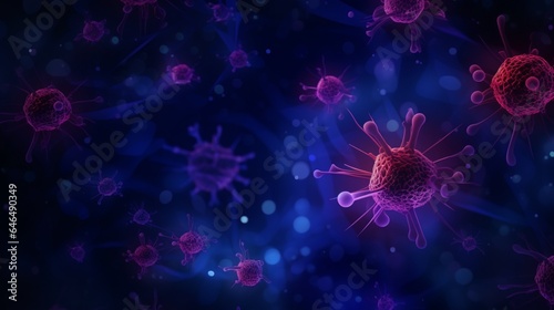 Bacilli bacteria and flu virus cells under a microscope are displayed on a futuristic glowing low polygonal abstract background in dark blue and purple. Epidemy idea. A wireframe design in vector form